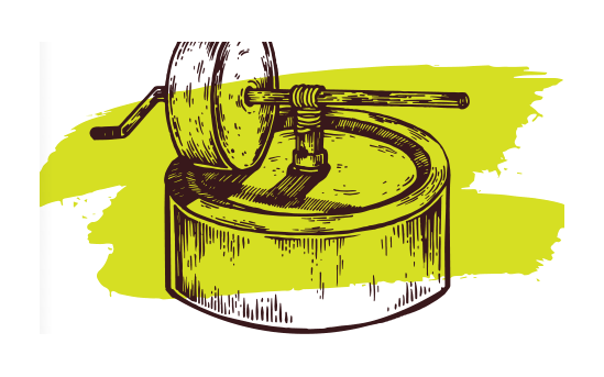 Ilustração da moagem do cacau em moinho de pedra